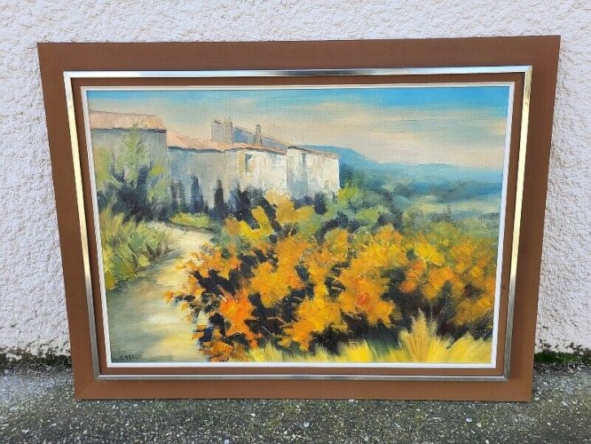 GRAND TABLEAU MAS AU GENETS HUILE SUR TOILE SIGNE ZAROU 1970