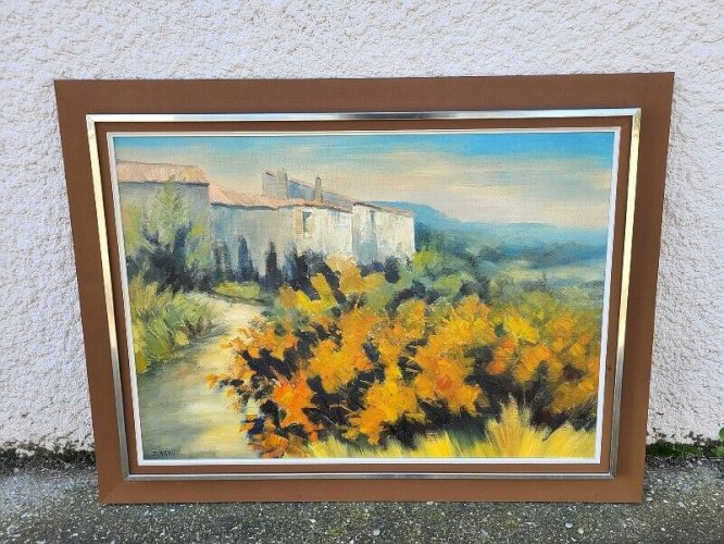 GRAND TABLEAU MAS AU GENETS HUILE SUR TOILE SIGNE ZAROU 1970