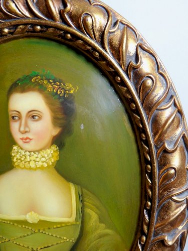Grand tableau médaillon bombé portrait huile sur bois style Florentin vintage