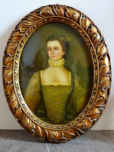 Grand tableau médaillon bombé portrait huile sur bois style Florentin vintage