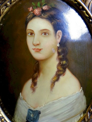 Grand tableau médaillon bombé portrait huile sur bois style Florentin vintage