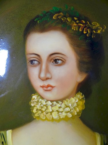 Grand tableau médaillon bombé portrait huile sur bois style Florentin vintage