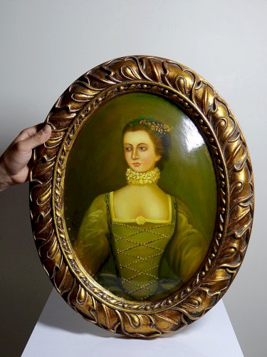 Grand tableau médaillon bombé portrait huile sur bois style Florentin vintage