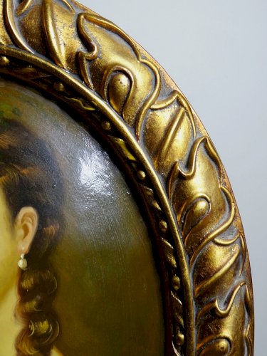 Grand tableau médaillon bombé portrait huile sur bois style Florentin vintage