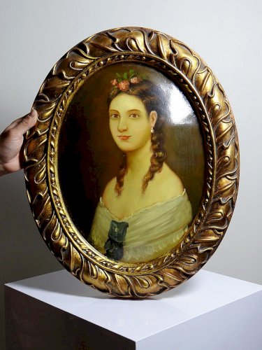 Grand tableau médaillon bombé portrait huile sur bois style Florentin vintage