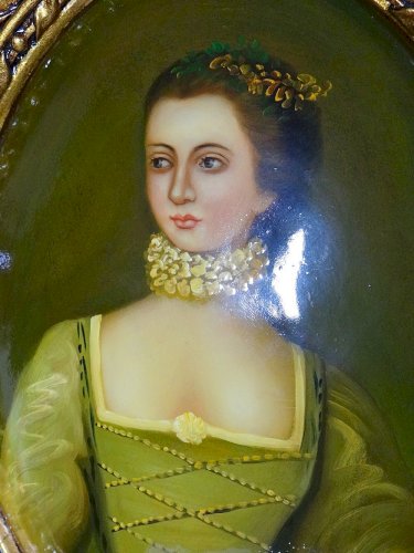 Grand tableau médaillon bombé portrait huile sur bois style Florentin vintage