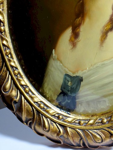 Grand tableau médaillon bombé portrait huile sur bois style Florentin vintage