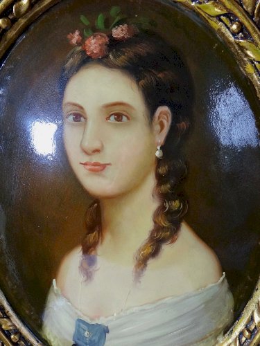 Grand tableau médaillon bombé portrait huile sur bois style Florentin vintage