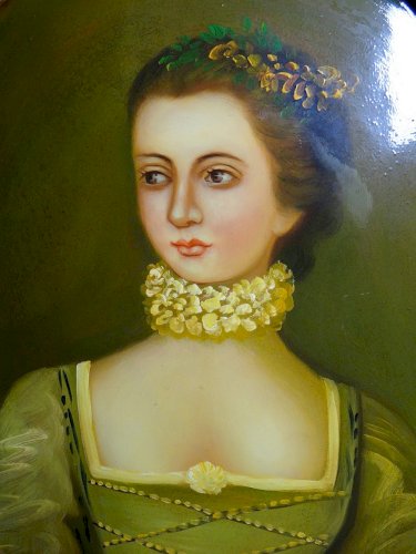 Grand tableau médaillon bombé portrait huile sur bois style Florentin vintage