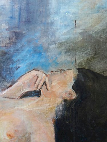Grand tableau nu femme allongée, moderne huile panneau vintage