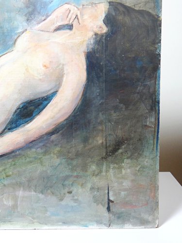 Grand tableau nu femme allongée, moderne huile panneau vintage
