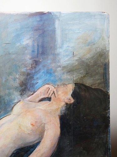 Grand tableau nu femme allongée, moderne huile panneau vintage
