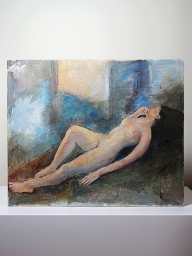 Grand tableau nu femme allongée, moderne huile panneau vintage
