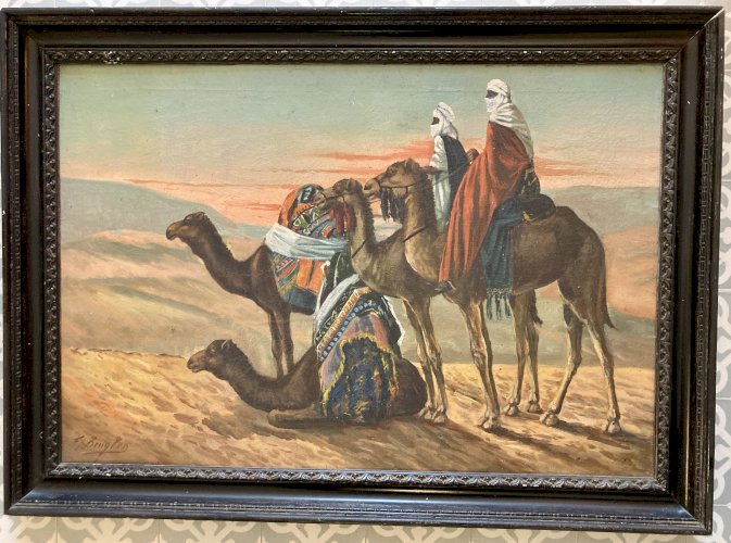 Grand tableau orientaliste - les dromadaires et les bédouins dans le désert - Krugler 