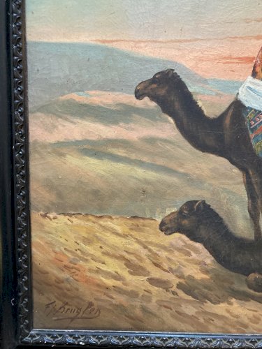 Grand tableau orientaliste - les dromadaires et les bédouins dans le désert - Krugler 