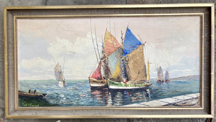 Grand tableau - Paul Charavel - Les voiliers de pêche  au mouillage 