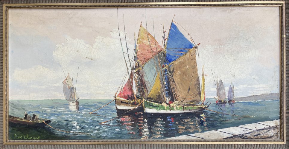 Grand tableau - Paul Charavel - Les voiliers de pêche  au mouillage 