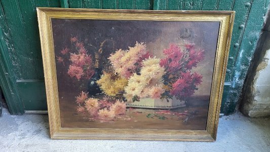 LARGE PAINTING BOARD 100X73 PITCHER WITH FLOWERS SIGNED GODCHAUX FROM THE 19TH CENTURY