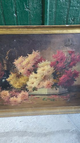 GRAND TABLEAU PEINTURE 100X73 AIGUIERE AUX FLEURS SIGNE GODCHAUX DU XIX ème