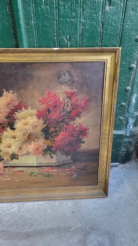 GRAND TABLEAU PEINTURE 100X73 AIGUIERE AUX FLEURS SIGNE GODCHAUX DU XIX ème