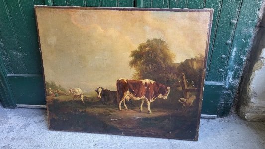 LARGE PAINTING 100X82 THE FARM COWS GOATS DOGS OF THE 19TH CENTURY