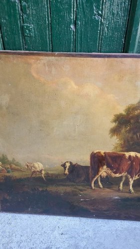 GRAND TABLEAU PEINTURE 100X82 LA FERME VACHES CHEVRES CHIENS DU XIX ème SIECLE