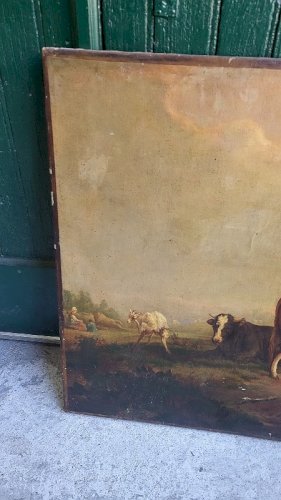 GRAND TABLEAU PEINTURE 100X82 LA FERME VACHES CHEVRES CHIENS DU XIX ème SIECLE