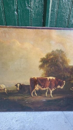GRAND TABLEAU PEINTURE 100X82 LA FERME VACHES CHEVRES CHIENS DU XIX ème SIECLE