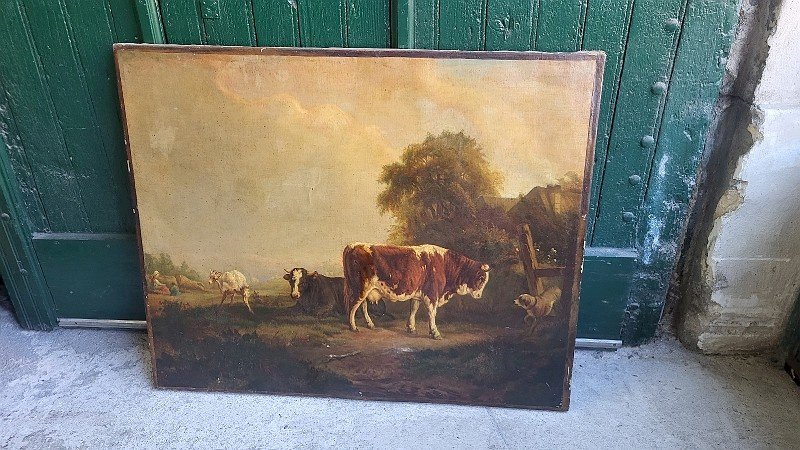 GRAND TABLEAU PEINTURE 100X82 LA FERME VACHES CHEVRES CHIENS DU XIX ème SIECLE