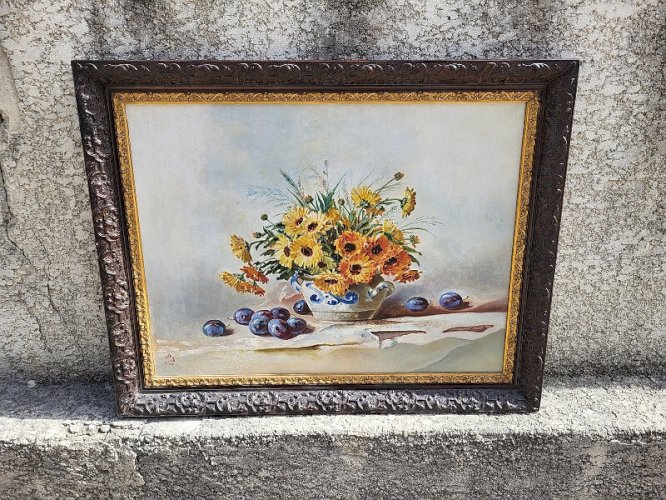 GRAND TABLEAU PEINTURE BOUQUET DE FLEURS NATURE MORTE SIGNE PS 1908