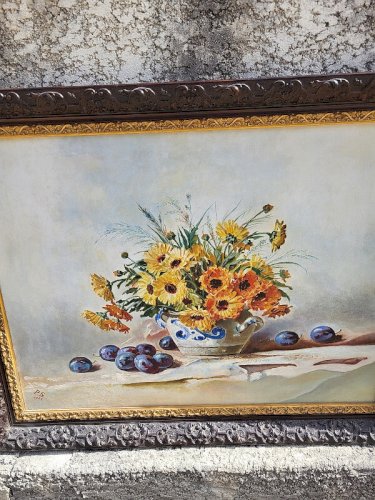 GRAND TABLEAU PEINTURE BOUQUET DE FLEURS NATURE MORTE SIGNE PS 1908