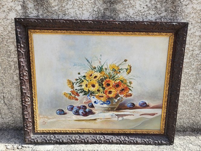 GRAND TABLEAU PEINTURE BOUQUET DE FLEURS NATURE MORTE SIGNE PS 1908
