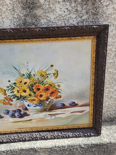 GRAND TABLEAU PEINTURE BOUQUET DE FLEURS NATURE MORTE SIGNE PS 1908