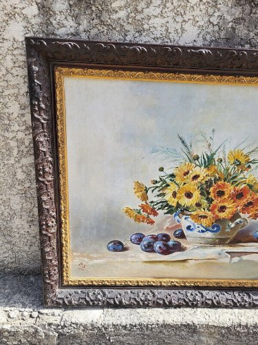 GRAND TABLEAU PEINTURE BOUQUET DE FLEURS NATURE MORTE SIGNE PS 1908