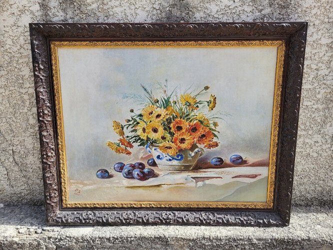 GRAND TABLEAU PEINTURE BOUQUET DE FLEURS NATURE MORTE SIGNE PS 1908