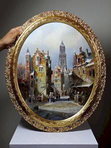 Grand tableau scène urbaine huile sur bois encadré John Haanstra vintage