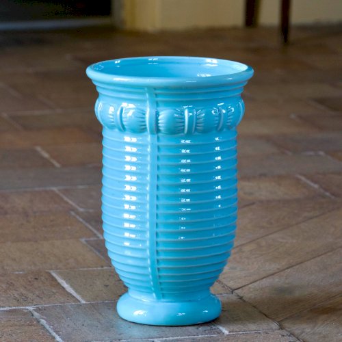 Grand vase ancien Art Deco Poël Laval, céramique émaillée turquoise