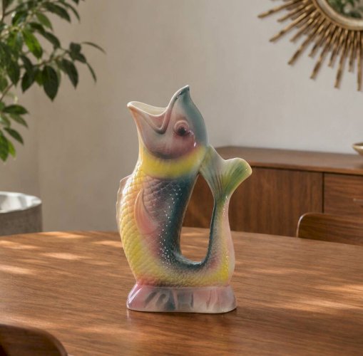 Grand vase ancien en barbotine zoomorphe poisson signé KG Lunéville