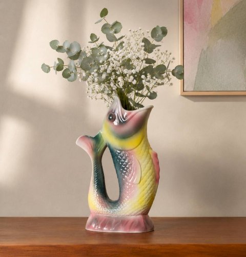 Grand vase ancien en barbotine zoomorphe poisson signé KG Lunéville