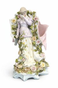 Grand Vase Art Nouveau Allemand Femme Roses Porcelaine vers 1900