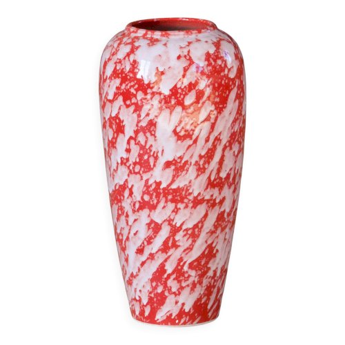 Grand vase artisanal en céramique émaillée rouge moucheté blanc