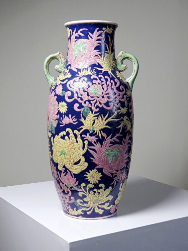 Grand vase balustre chinois vintage porcelaine émaillé à fleurs