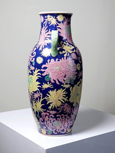 Grand vase balustre chinois vintage porcelaine émaillé à fleurs
