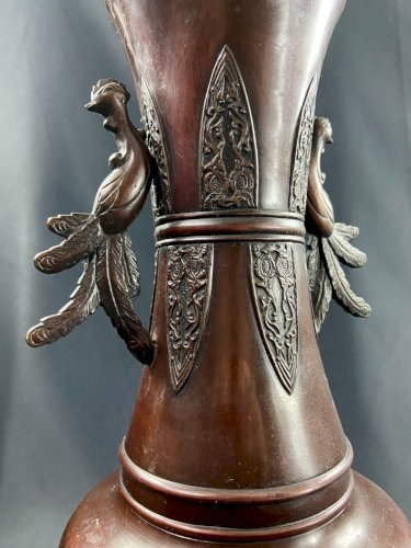 Grand vase en bronze XIXe à décor d'oiseau Japon Meiji