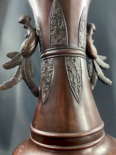 Grand vase en bronze XIXe à décor d'oiseau Japon Meiji