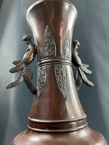 Grand vase en bronze XIXe à décor d'oiseau Japon Meiji