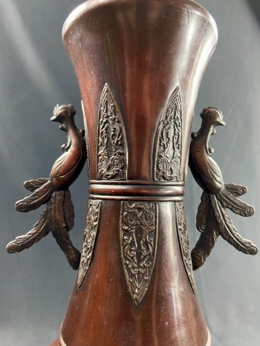 Grand vase en bronze XIXe à décor d'oiseau Japon Meiji