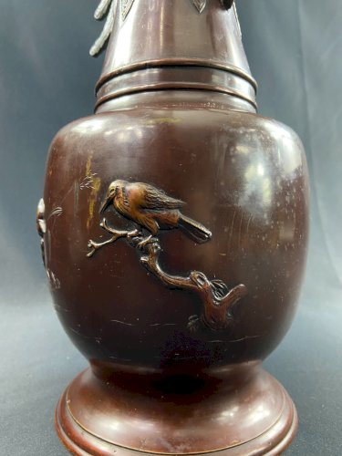 Grand vase en bronze XIXe à décor d'oiseau Japon Meiji