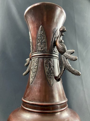 Grand vase en bronze XIXe à décor d'oiseau Japon Meiji