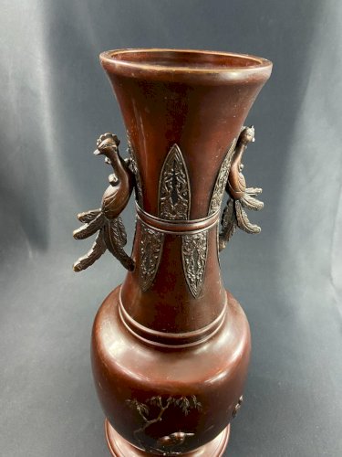 Grand vase en bronze XIXe à décor d'oiseau Japon Meiji
